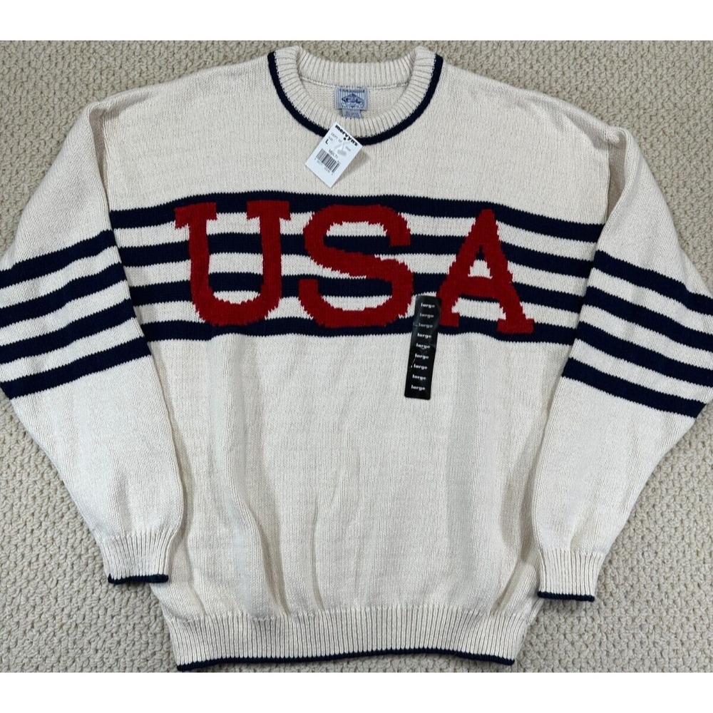 Cambridge Classics Sweater Men L White Big USA Stripe Logo Crewneck Knit Vtg NEW